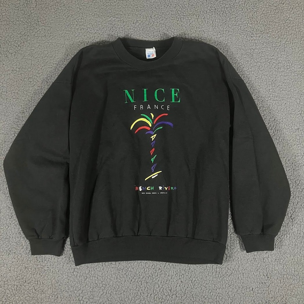 Vintage Nice France French Riviera Palm Tree Sweatshirt Black Made in France L